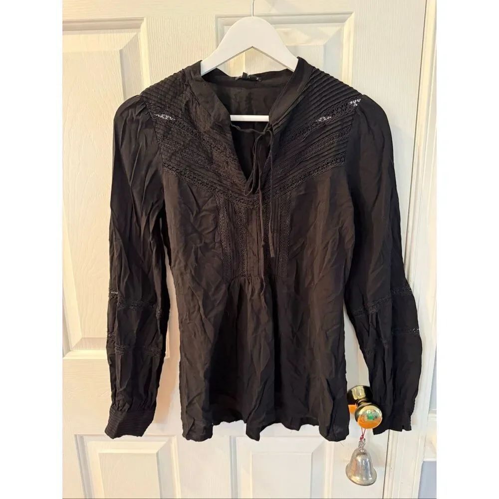 Theory Black Whimsigoth Lace Embedded Tie Neck Peasant Blouse sz S